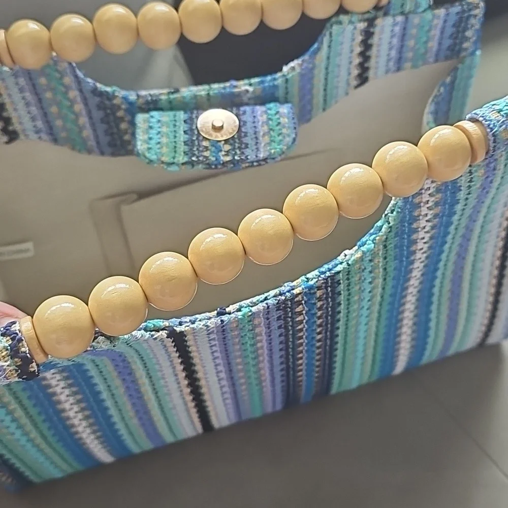 Striped Turquoise Blue and Green Handbag with Wooden Handles